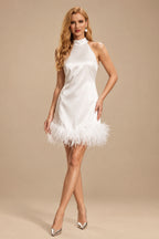 Rutipo Ivory Sheath/Column Halter Sleeveless Short/Mini Silk Like Satin Wedding Dresses