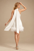Rutipo Ivory Sheath/Column Halter Sleeveless Short/Mini Silk Like Satin Wedding Dresses