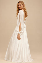 Rutipo Ivory A-Line V-Neck Long Sleeves Floor-Length Silk Like Satin Wedding Dresses