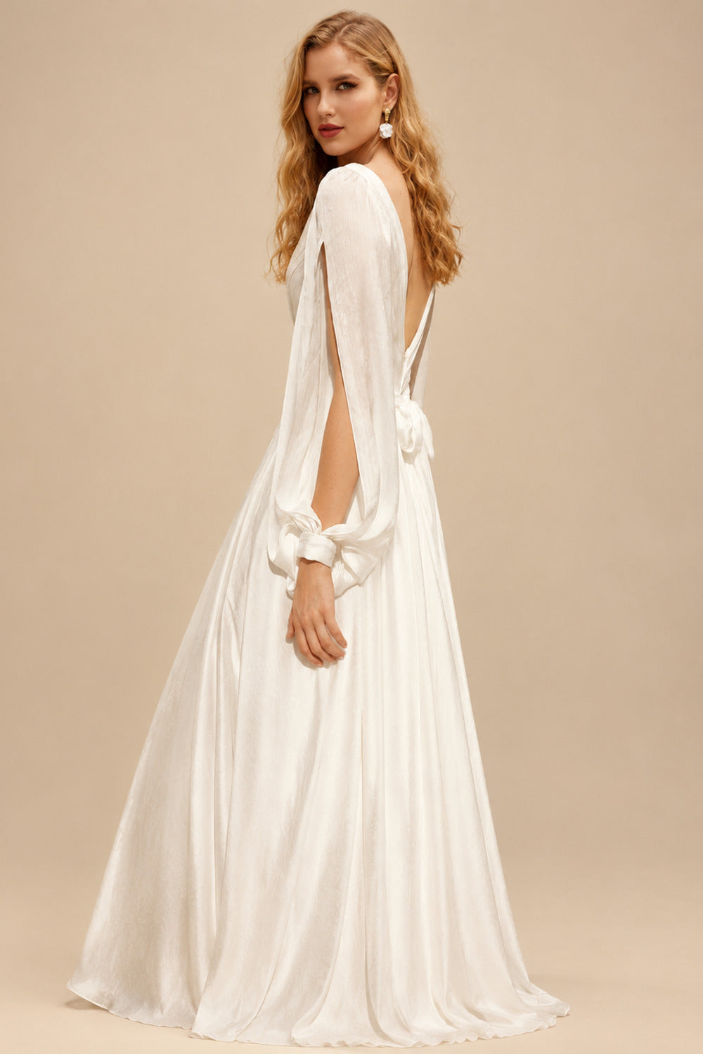 Rutipo Ivory A-Line V-Neck Long Sleeves Floor-Length Silk Like Satin Wedding Dresses