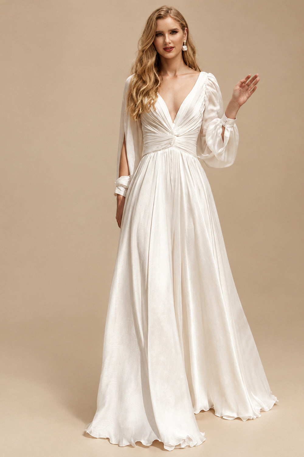Rutipo Ivory A-Line V-Neck Long Sleeves Floor-Length Silk Like Satin Wedding Dresses