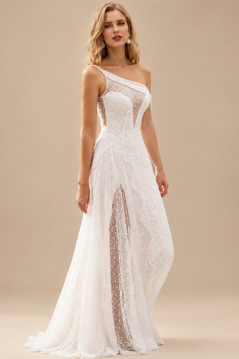 Rutipo Ivory Sequin Sleeveless Sweep Train Sequined Wedding Dresses With Split Front