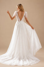 Rutipo Ivory Boho Ball-Gown V-Neck Short Sleeves Lace/Tulle Wedding Dresses With Split Front