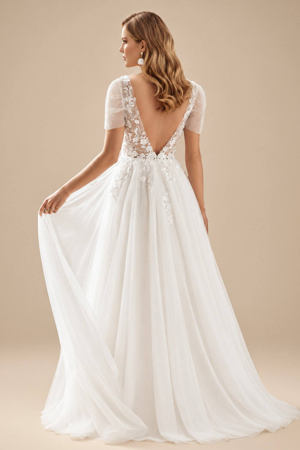 Rutipo Ivory Boho Ball-Gown V-Neck Short Sleeves Lace/Tulle Wedding Dresses With Split Front