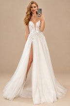 Rutipo As Picture Boho A-Line V-Neck Tulle Wedding Dresses With Split Front/Appliques Lace