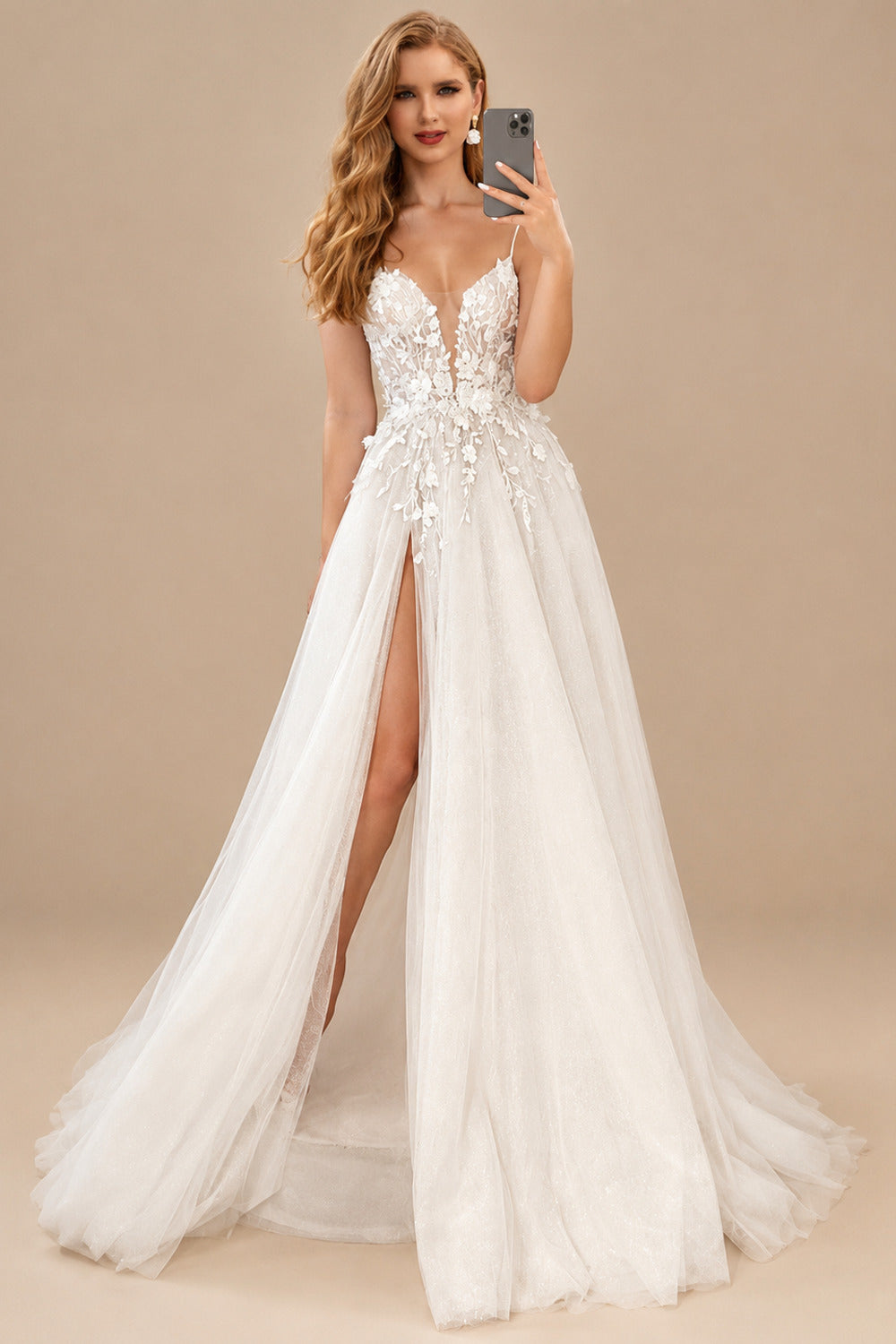 Rutipo As Picture Boho A-Line V-Neck Tulle Wedding Dresses With Split Front/Appliques Lace