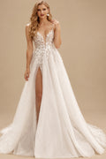 Rutipo As Picture Boho A-Line V-Neck Tulle Wedding Dresses With Split Front/Appliques Lace