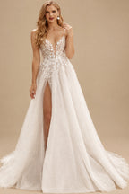 Rutipo As Picture Boho A-Line V-Neck Tulle Wedding Dresses With Split Front/Appliques Lace