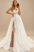 Rutipo As Picture Boho A-Line Sweetheart Tulle Wedding Dresses With Split Front/Appliques Lace