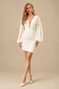 Rutipo Ivory Column Illusion Neck Long Sleeves Short/Mini Chiffon/Organza Wedding Dresses