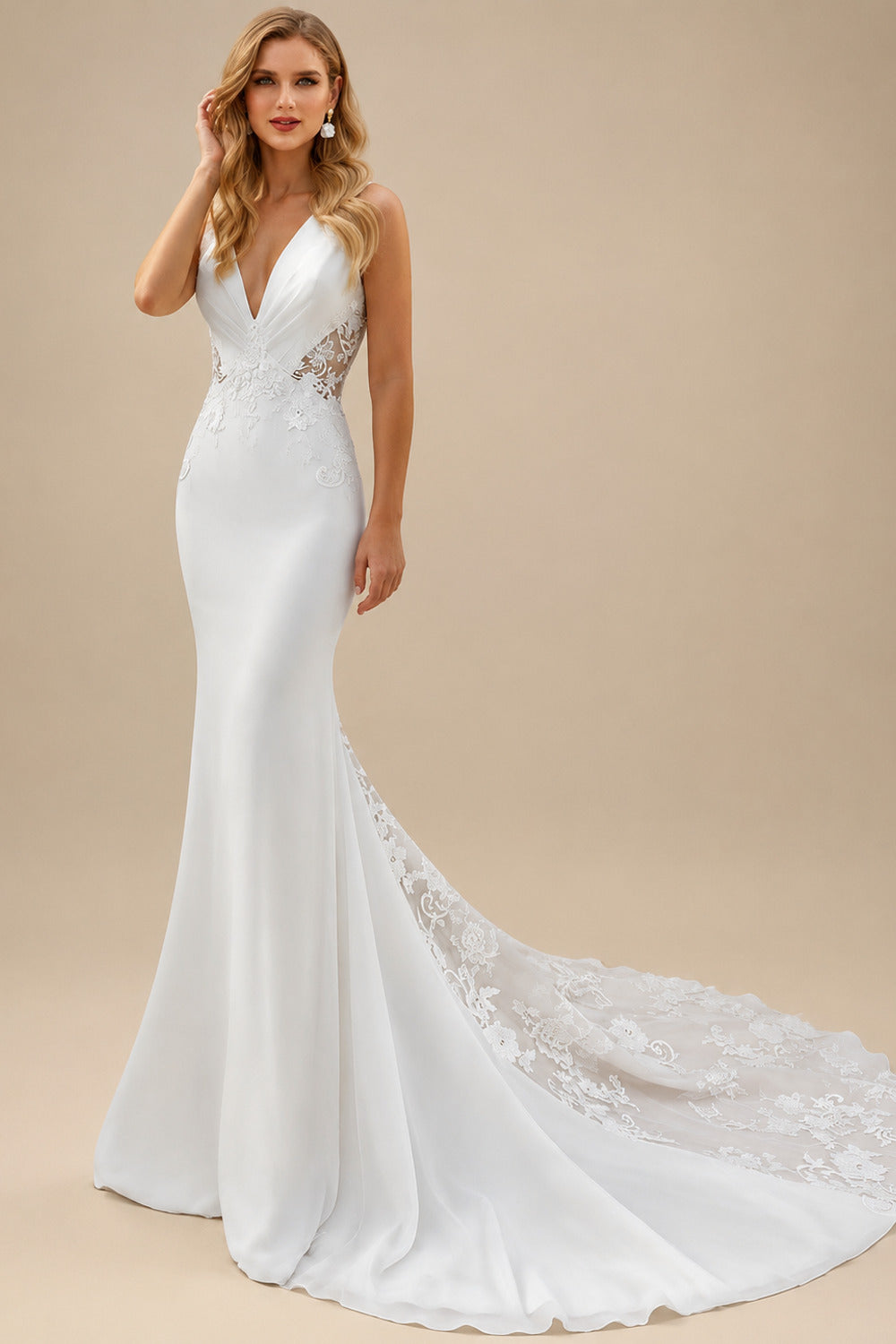 Rutipo As Picture Luxury Trumpet/Mermaid V-Neck Lace/Elastic Satin Wedding Dresses