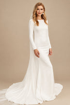 Rutipo Ivory Trumpet/Mermaid Scoop Neck Long Sleeves Elastic Satin Wedding Dresses