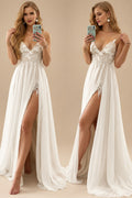 Rutipo Ivory Beach A-Line Sweep Train Chiffon/Lace Wedding Dresses With Split Front