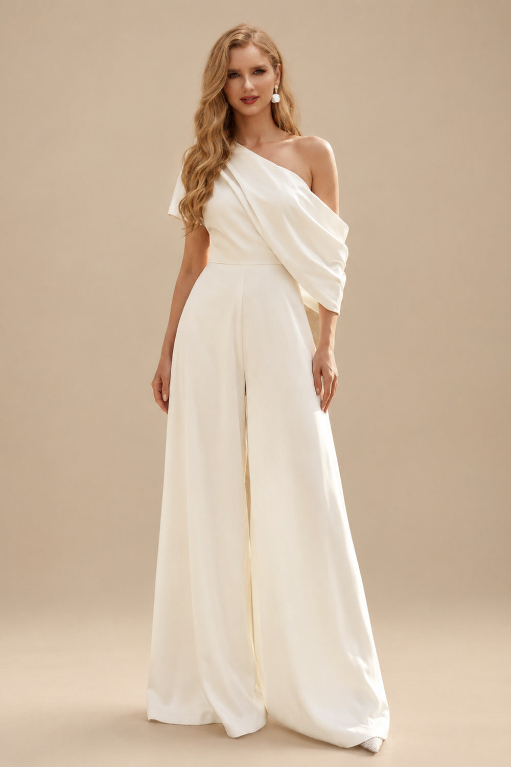 Rutipo Ivory Elegant One-Shoulder Sleeveless Floor-Length Silk Like Satin Wedding Dresses Jumpsuit