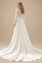 Rutipo Ivory V-Neck Long Sleeves Sweep Train Wedding Dresses With Detachable Train
