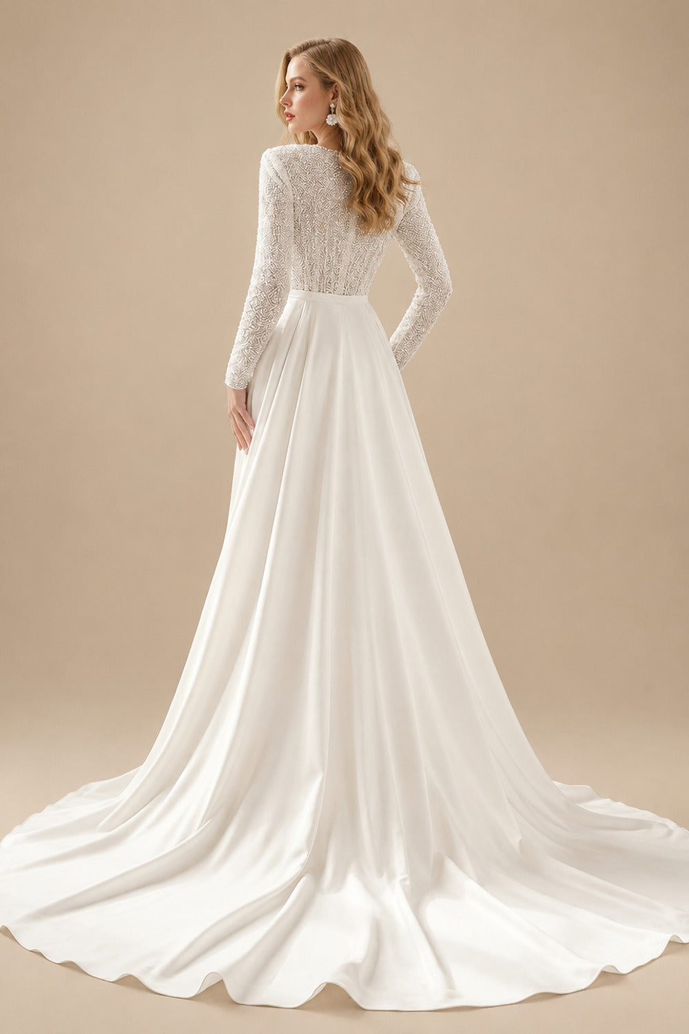 Rutipo Ivory V-Neck Long Sleeves Sweep Train Wedding Dresses With Detachable Train