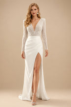 Rutipo Ivory V-Neck Long Sleeves Sweep Train Wedding Dresses With Detachable Train