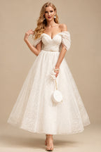 Rutipo Ivory A-Line Off-The-Shoulder Short Sleeves Tea-Length Tulle Wedding Dresses