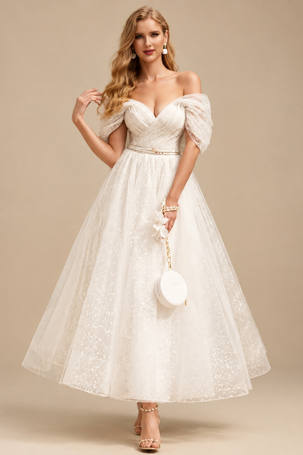 Rutipo Ivory A-Line Off-The-Shoulder Short Sleeves Tea-Length Tulle Wedding Dresses