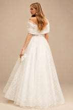 Rutipo Ivory A-Line Off-The-Shoulder Short Sleeves Tea-Length Tulle Wedding Dresses
