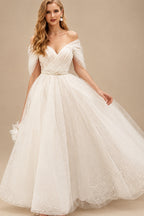 Rutipo Ivory A-Line Off-The-Shoulder Short Sleeves Tea-Length Tulle Wedding Dresses