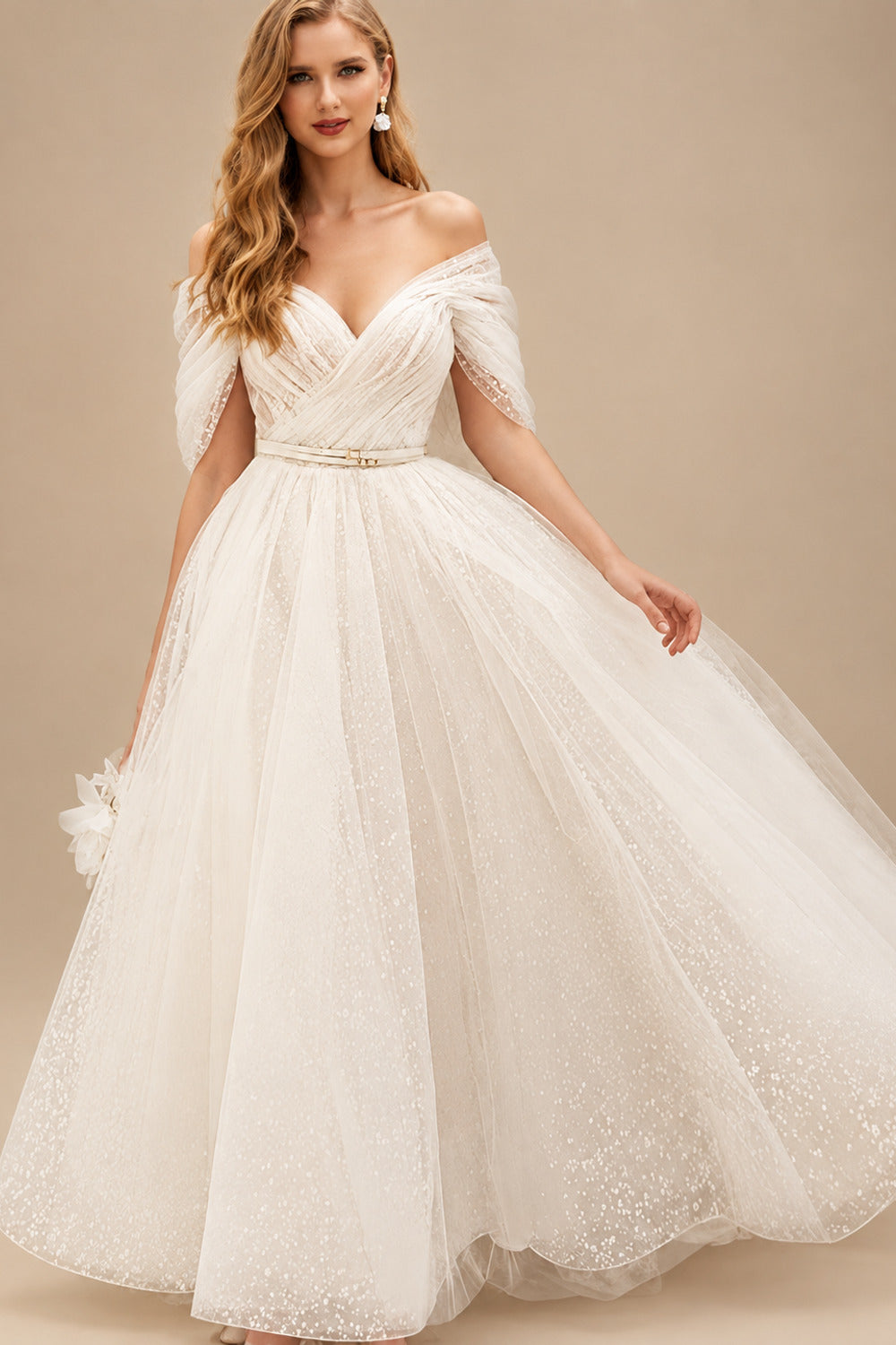 Rutipo Ivory A-Line Off-The-Shoulder Short Sleeves Tea-Length Tulle Wedding Dresses