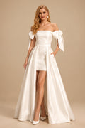 Rutipo Ivory A-Line Off-The-Shoulder Satin Wedding Dresses With Bow(s)/Pockets