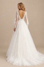 Rutipo Ivory Elegant Ball-Gown V-Neck Long Sleeves Lace/Tulle Wedding Dresses
