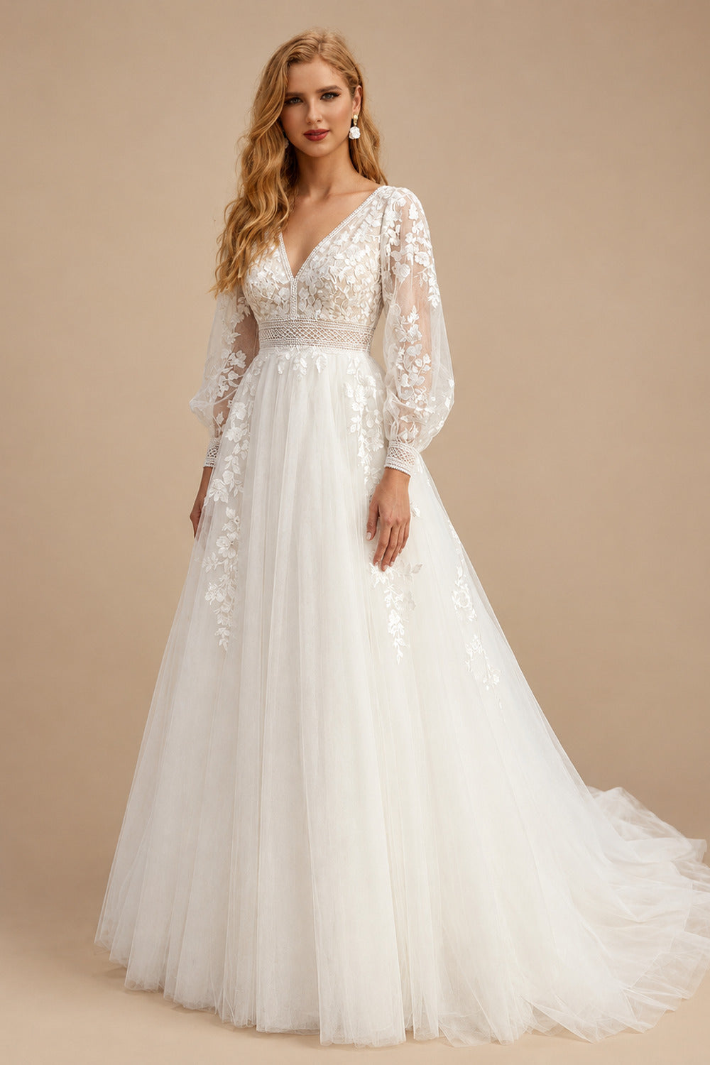 Rutipo Ivory Elegant Ball-Gown V-Neck Long Sleeves Lace/Tulle Wedding Dresses