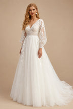 Rutipo Ivory Elegant Ball-Gown V-Neck Long Sleeves Lace/Tulle Wedding Dresses
