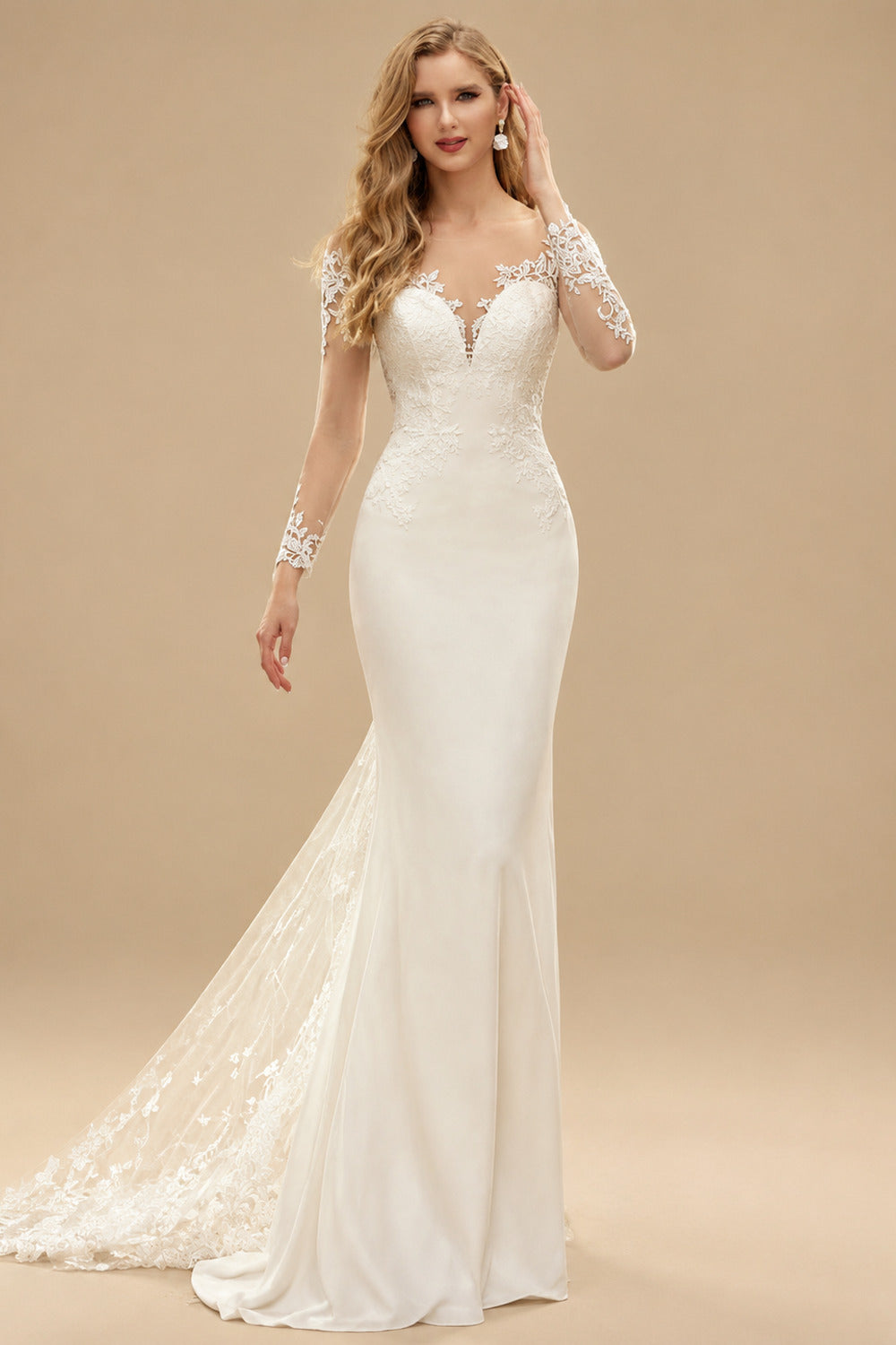 Rutipo Ivory Beach Elegant Long Sleeves Sweep Train Elastic Satin Wedding Dresses
