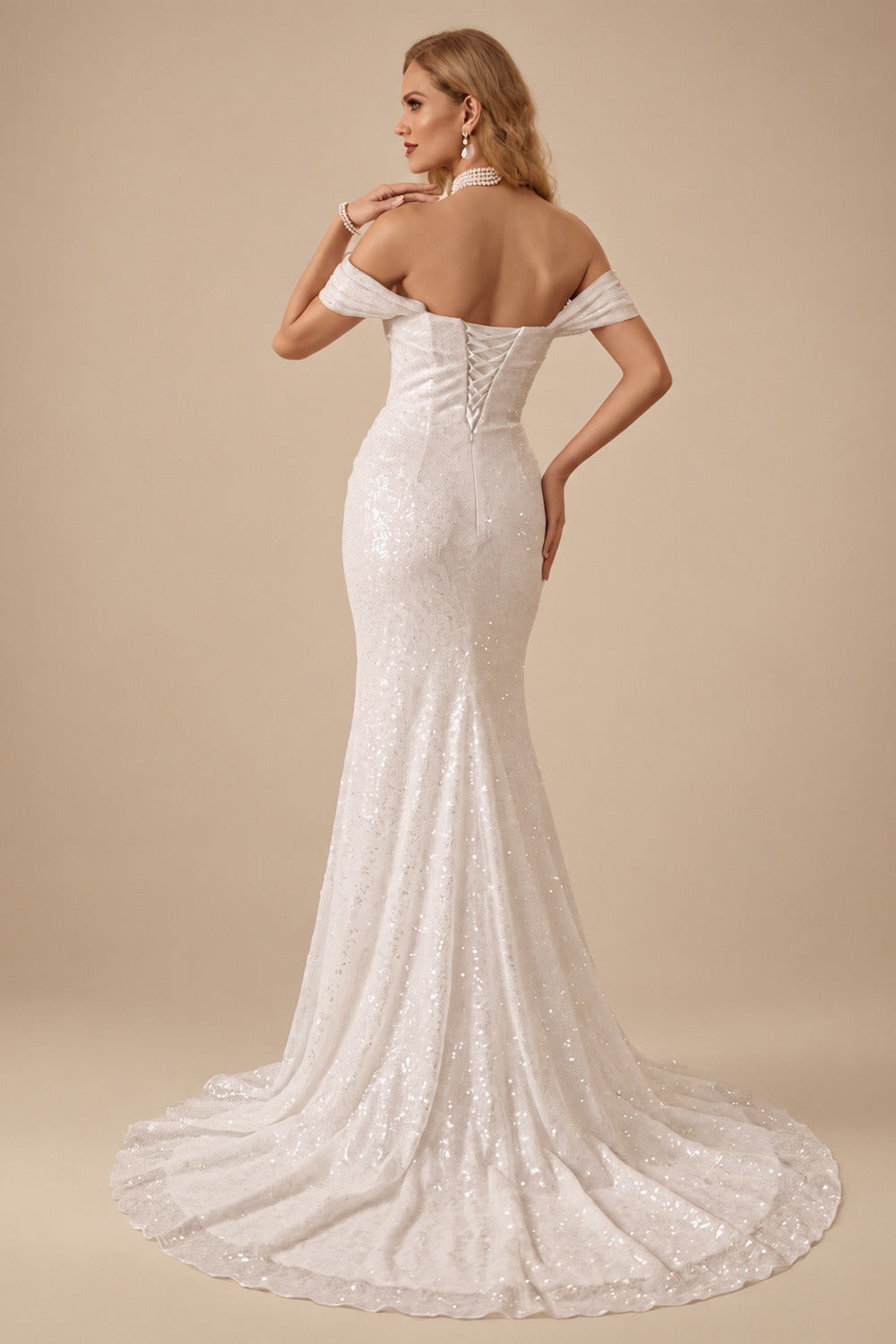 Rutipo Ivory Sparkly Off-The-Shoulder Sleeveless Court Train Wedding Dresses