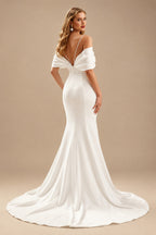 Rutipo Ivory Mermaid Off-The-Shoulder Sleeveless Sweep Train Charmeuse Wedding Dresses