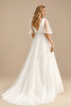Rutipo Ivory A-Line V-Neck 1/2 Sleeves Sweep Train Lace/Tulle Wedding Dresses