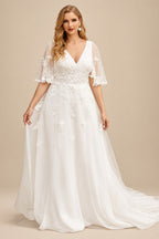 Rutipo Ivory A-Line V-Neck 1/2 Sleeves Sweep Train Lace/Tulle Wedding Dresses