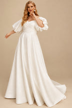Rutipo Ivory Ball-Gown Illusion Neck 1/2 Sleeves Sweep Train Satin Wedding Dresses