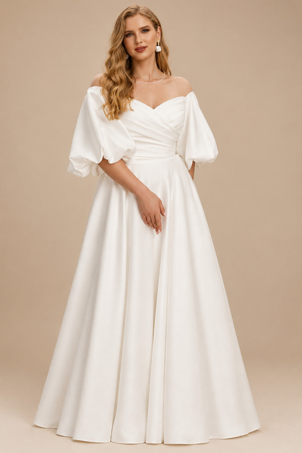 Rutipo Ivory Ball-Gown Illusion Neck 1/2 Sleeves Sweep Train Satin Wedding Dresses