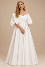 Rutipo Ivory Ball-Gown Illusion Neck 1/2 Sleeves Sweep Train Satin Wedding Dresses