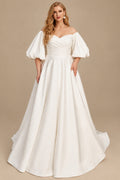 Rutipo Ivory Ball-Gown Illusion Neck 1/2 Sleeves Sweep Train Satin Wedding Dresses