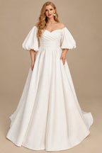 Rutipo Ivory Ball-Gown Illusion Neck 1/2 Sleeves Sweep Train Satin Wedding Dresses