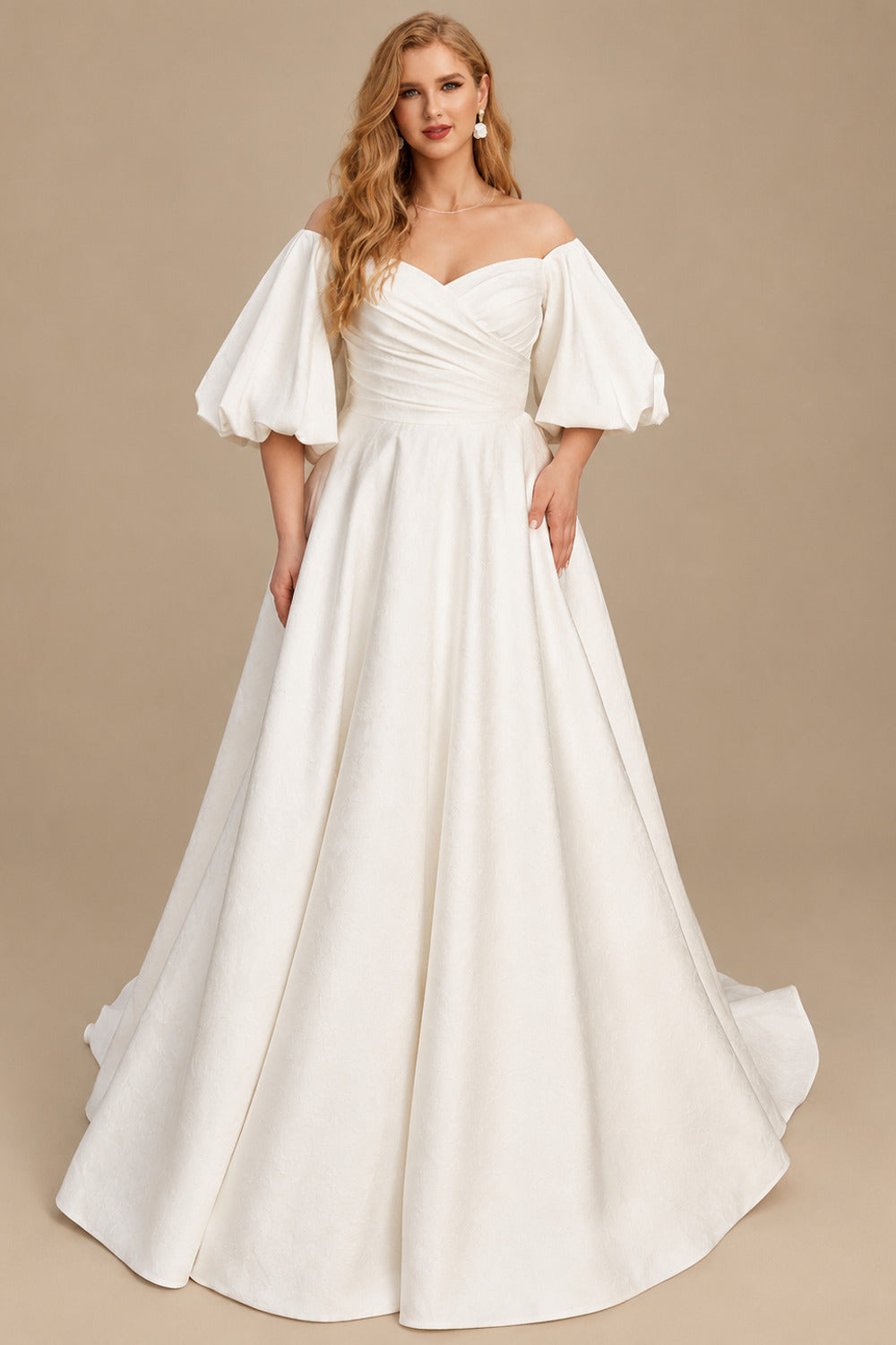 Rutipo Ivory Ball-Gown Illusion Neck 1/2 Sleeves Sweep Train Satin Wedding Dresses
