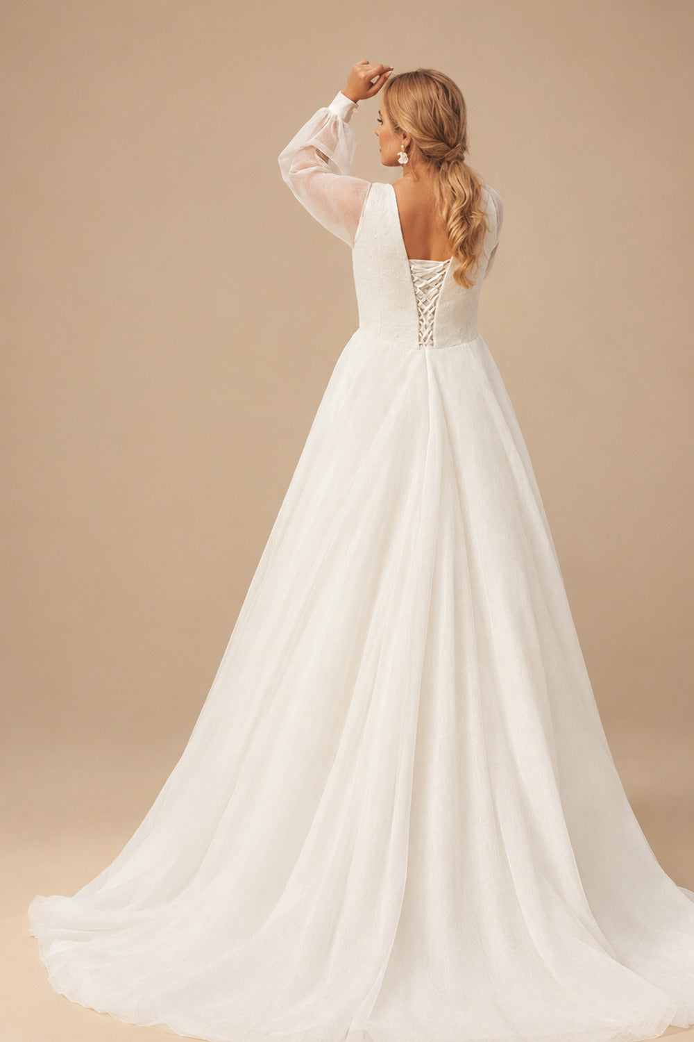 Rutipo Ivory Plus Size A-Line V-Neck Long Sleeves Sweep Train Chiffon Wedding Dresses
