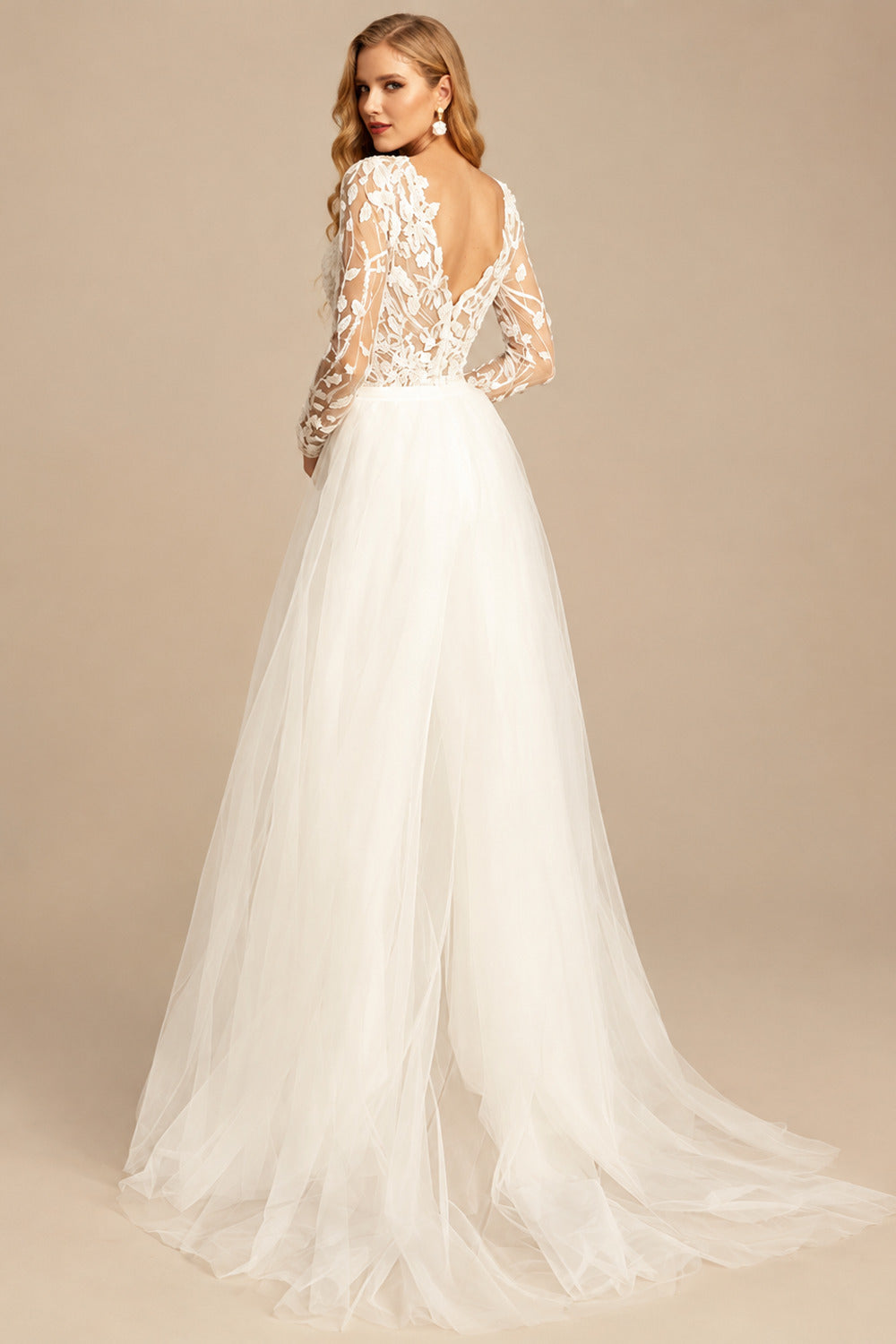 Rutipo Ivory Illusion Neck Long Sleeves Sweep Train Lace Wedding Jumpsuit