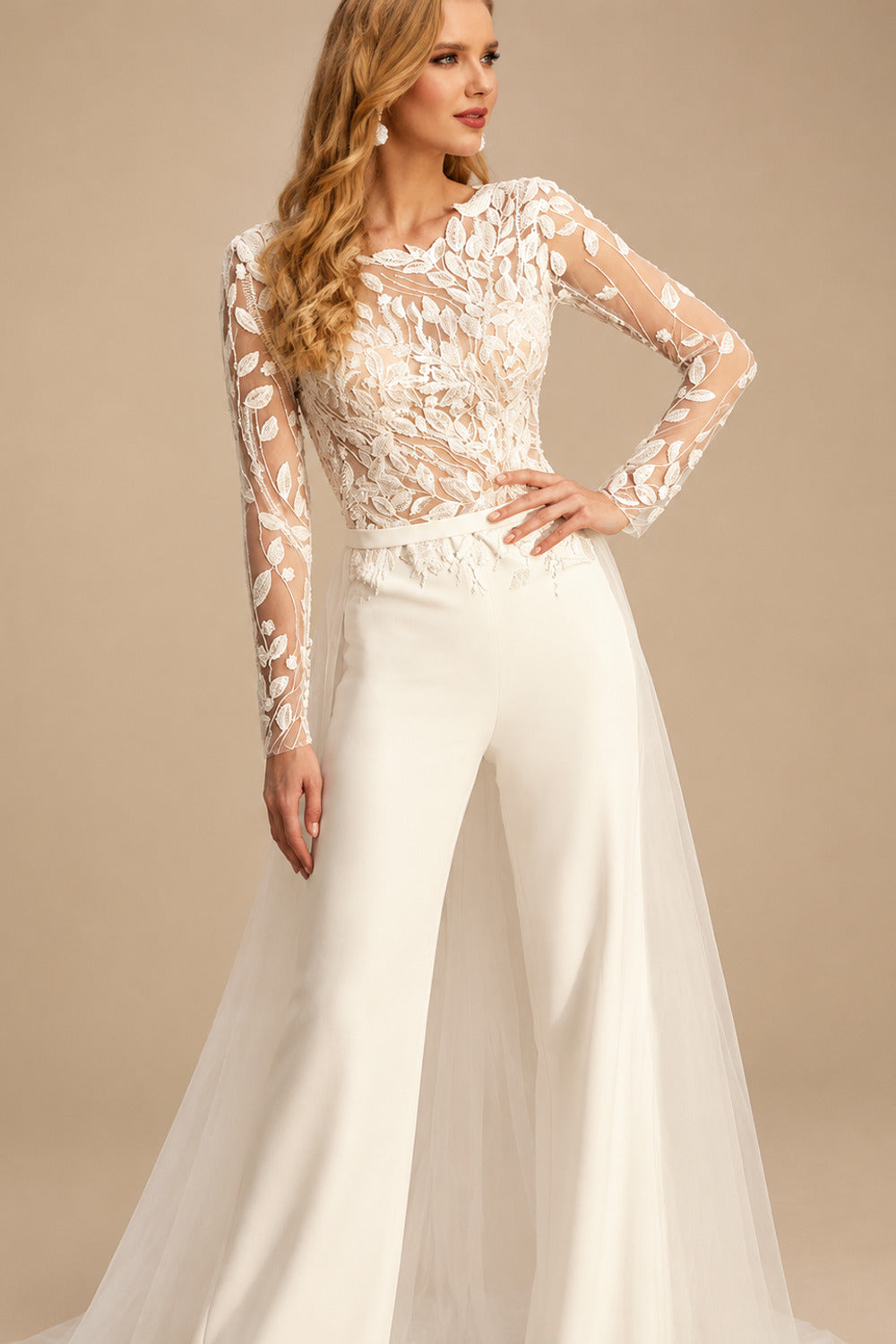 Rutipo Ivory Illusion Neck Long Sleeves Sweep Train Lace Wedding Jumpsuit