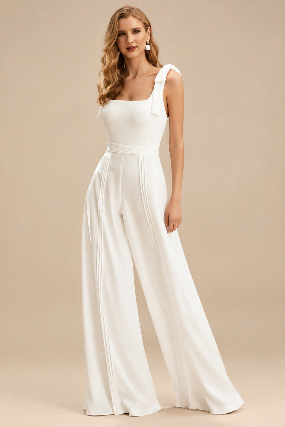 Rutipo Ivory Square Neckline Sleeveless Court Train Wedding Jumpsuit