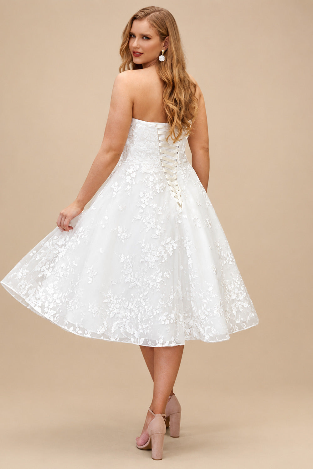 Rutipo Ivory A-Line Sweetheart Sleeveless Tea-Length Lace/Tulle Wedding Dresses