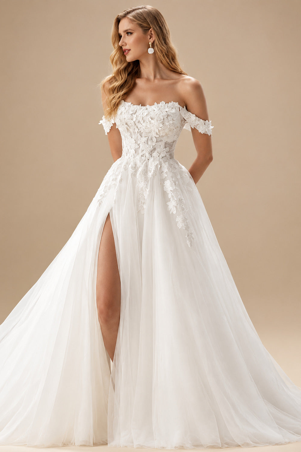 Rutipo Ivory A-Line Off-The-Shoulder Lace/Tulle Wedding Dresses With Split Front