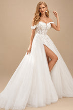 Rutipo Ivory A-Line Off-The-Shoulder Lace/Tulle Wedding Dresses With Split Front