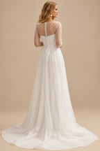 Rutipo Ivory A-Line Illusion Neck Long Sleeves Sweep Train Sequined Wedding Dresses