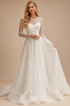 Rutipo Ivory A-Line Illusion Neck Long Sleeves Sweep Train Sequined Wedding Dresses